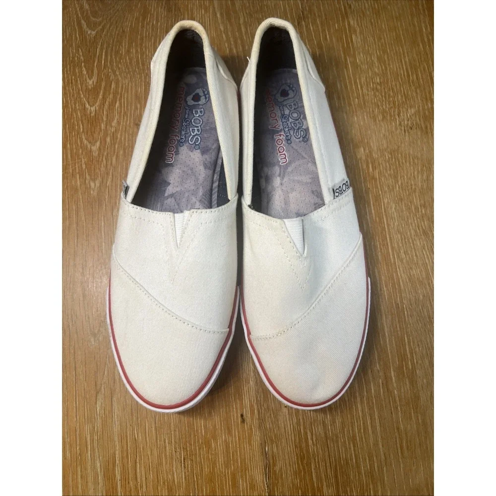 Bobs From Sketchers‎ Women Loafer 6 White Canvas Slip-On Memory Foam Shoes